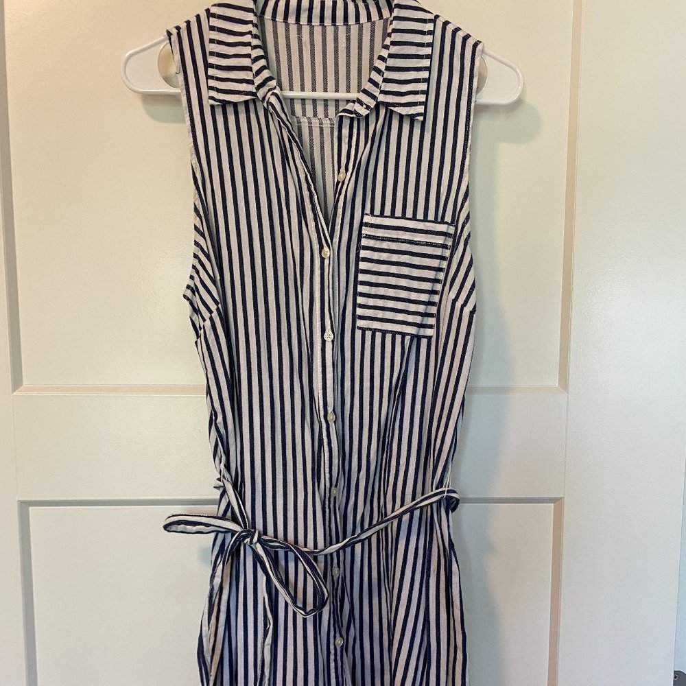 Sleeveless Pinstripe Button Down Mini Dress with Belt